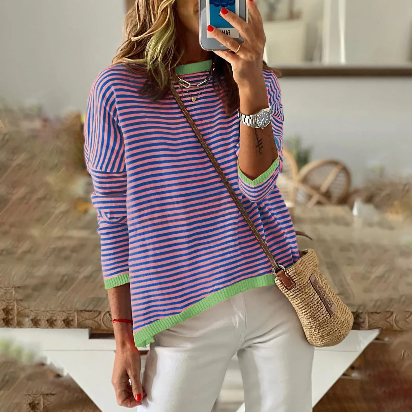 Lightweight Color Block Striped Sweaters Long Sleeve Crew Neck Casual Knitted Pullover Tops Loose Fit Fashion Jumper Women