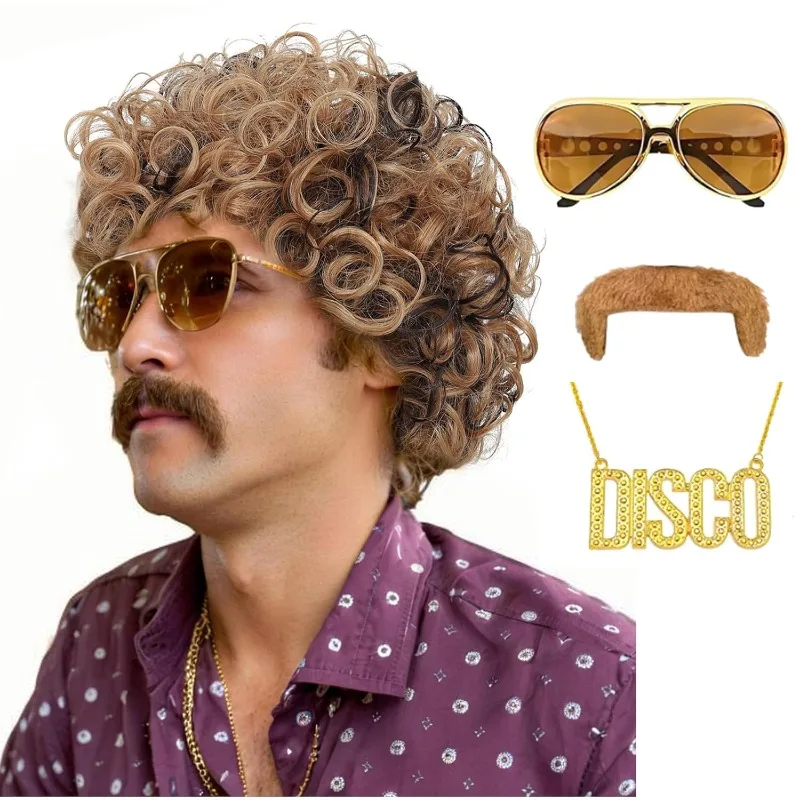 70s 80s Disco Costume Wig Set-Afro Curly Wig with Mustache Sunglasses & Disco Necklace,Halloween Party Cosplay Outfit Accessory view 2