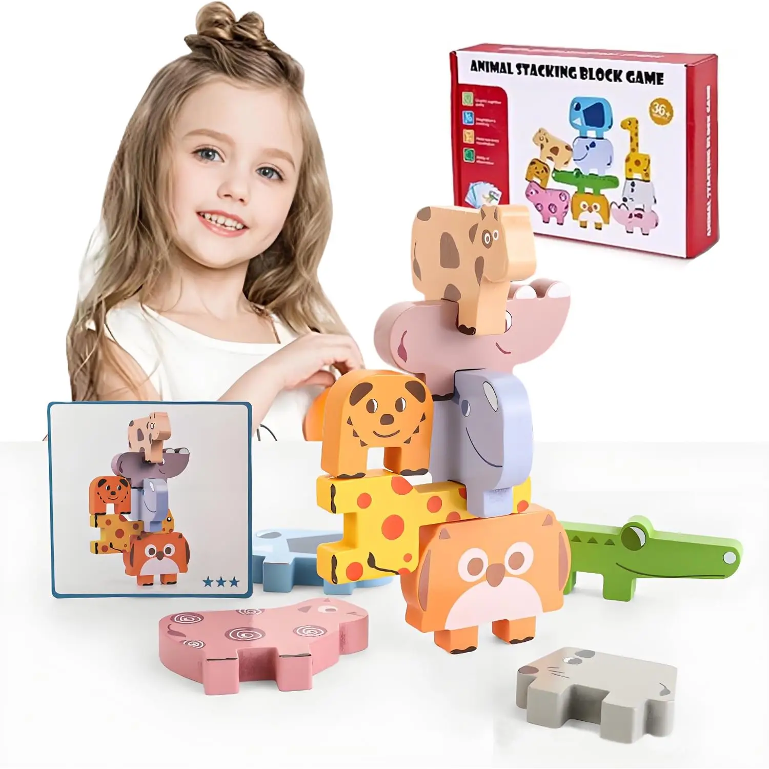 

Wooden Animal Blocks Toys Educational Sorting & Stackin with Cards for Toddlers Kids Montessori Preschool Learning Toys Games