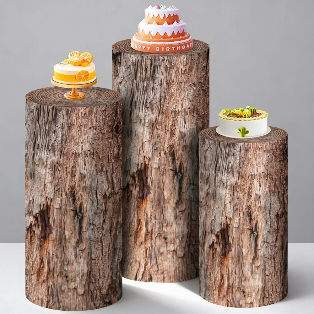 

Tree Bark Wood Cylinder Pedestal Cover Set Wedding Backdrop Bachelorette Party Decor Baby Shower Birthday Cake Display