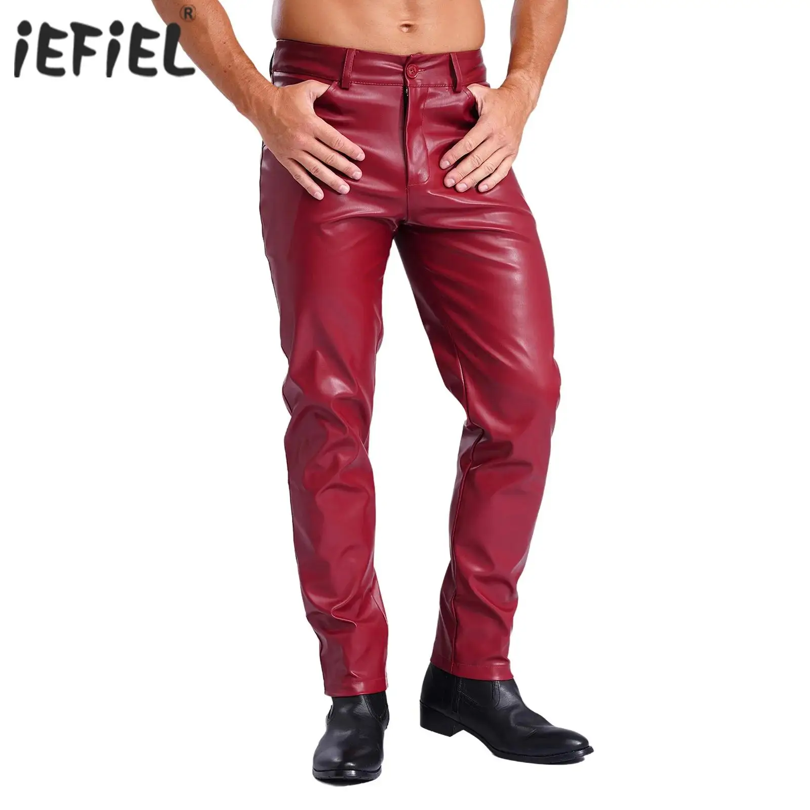 Mens Stylish Faux Leather Pants Pockets Halloween Costume Smooth Lining Straight Pants Tights Leggings Music Party Clothings