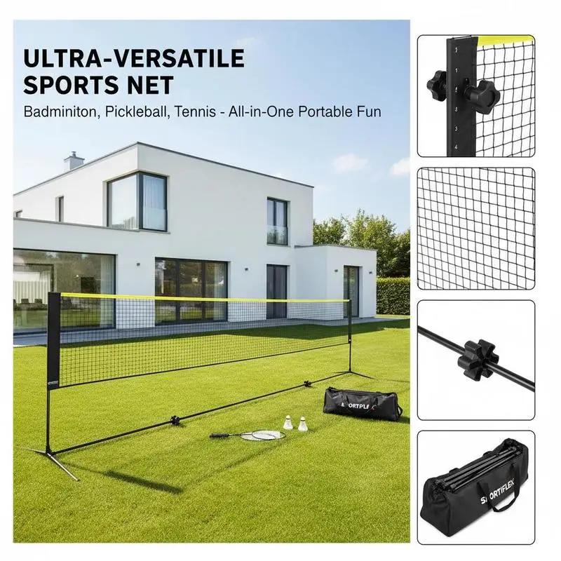Height Adjustable Sports Netting System 20ft Wide For Backyard Indoor Outdoor Court, Foldable Frame Stand Carrying Bag Rackets Nylon Shuttlecocks Included 10-20ft Adjustable Height Portable Gear Accessory Set view 7