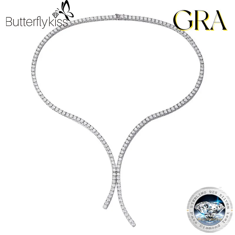 

Butterflykiss All Moissanite Tennis Necklace For Woman With Certificate 925 Sterling Silver With White Gold Plate Tassel Jewelry