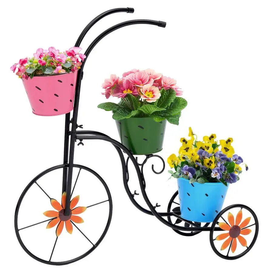 

Metal Tricycle Planter, 3 Tier Floral Flower Plant Stand Holder Hand Painted Outdoor Garden Patio Decor