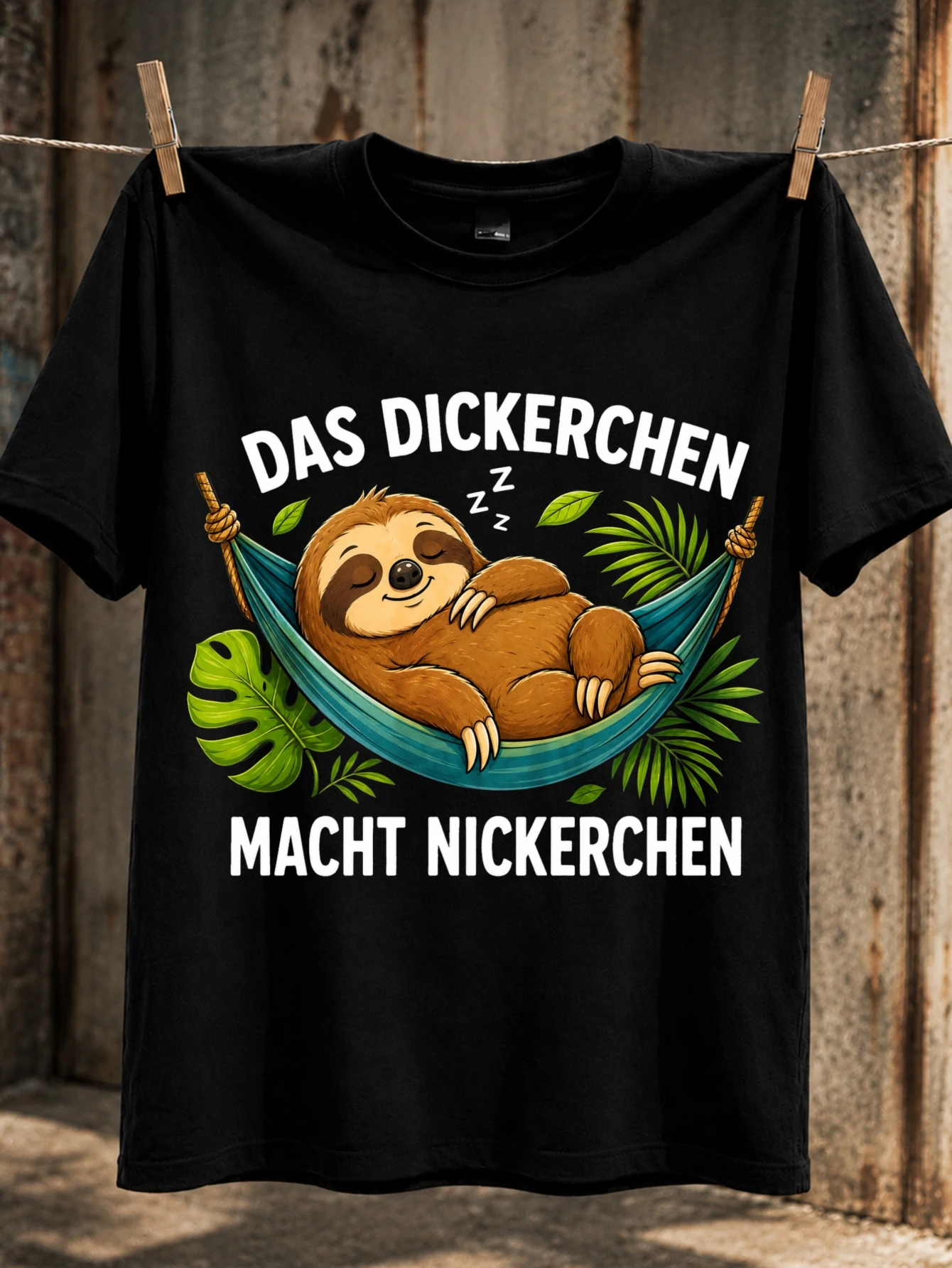 Das Dickerchen Macht Nickerchen Sping Sloth In Hammock Tropical Leaves Cute German Nap Humor Style  Unisex All T-Shirt