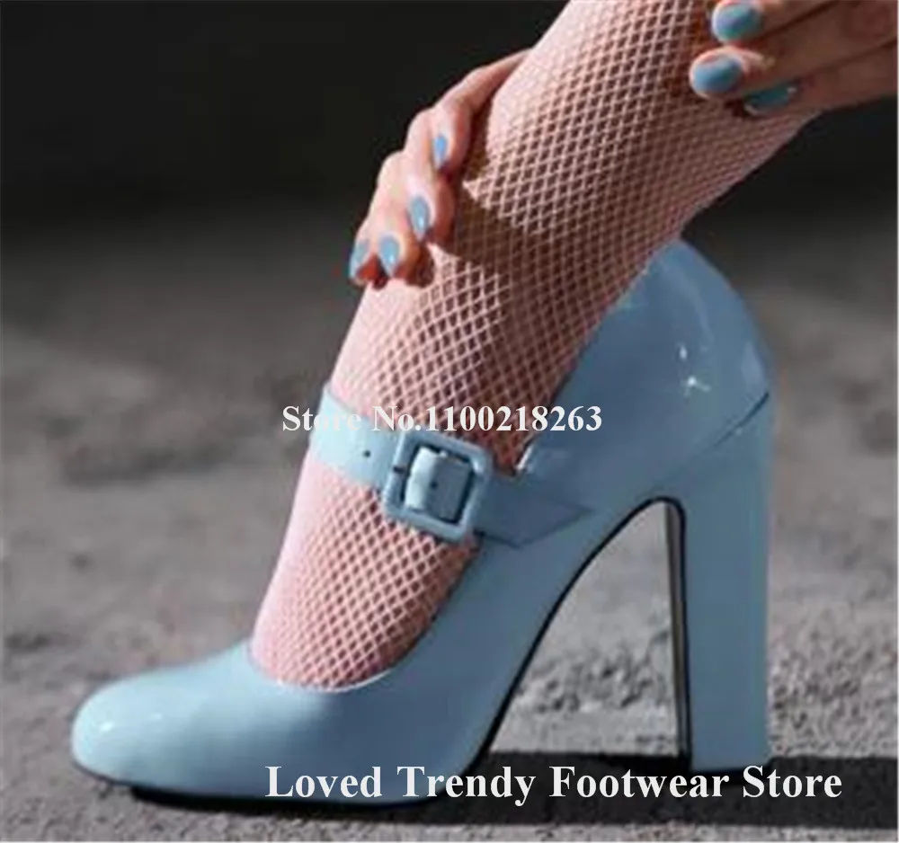 Patent Leather Chunky Heel Ankle Buckles Pumps Elegant Round Toe Blue Pink Red Thick Heel Party Heels Wedding High Heels