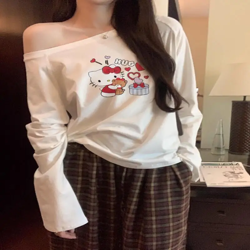 

Sanrio Hello Kitty Long Sleeve T Shirt With Print Cotton Women Autumn Casual Premium White Loose Fit One Shoulder Off Shoulder