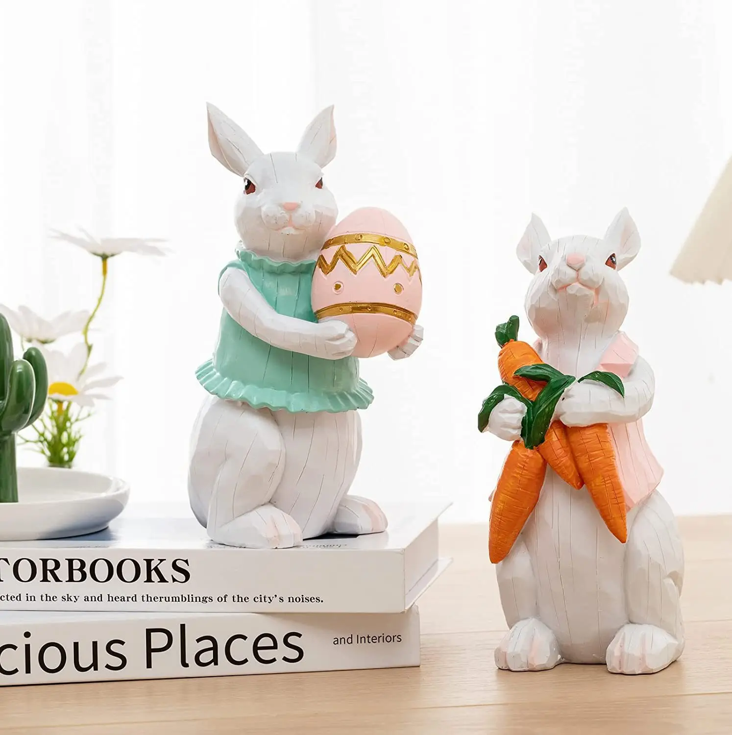 

Resin Easter Bunny Decor - Holding Eggs & Carrots, Cute Holiday Home Decor, Unique Gift for Kids & Collectors