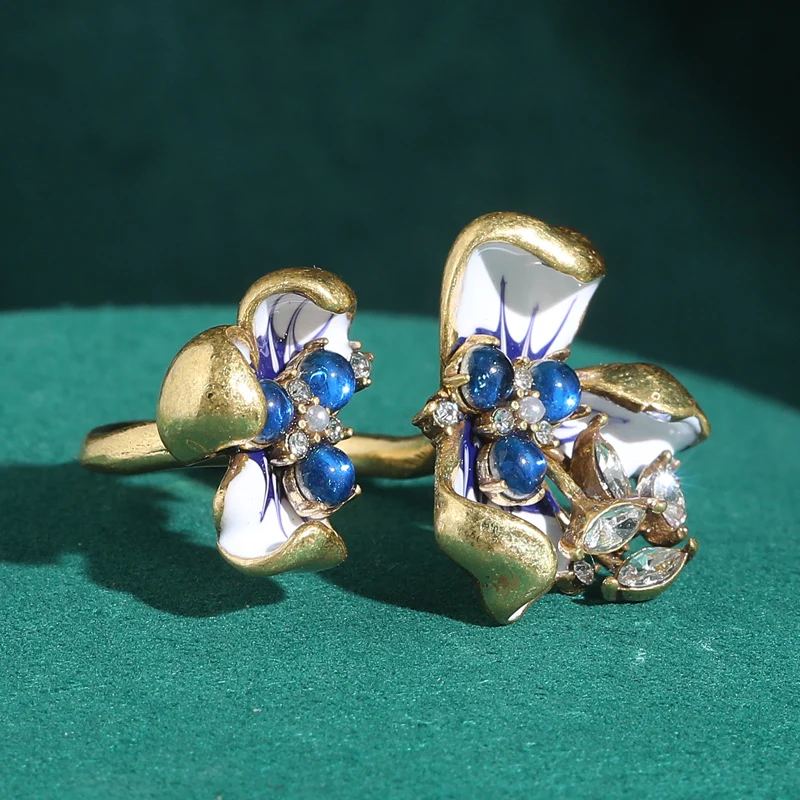 

Vintage Orchid Blue Natural Stone Flower Ring Gold Color Rhinestone Pearl Quality Luxury Designer Gifts Trends 2025 Wedding