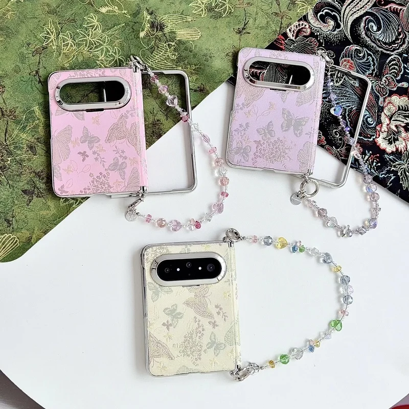 Fashionable Embroidered Butterfly Phone Case for Samsung Z Fold 8 Axis Protection Strap Shockproof Portable Cover With Bracelet