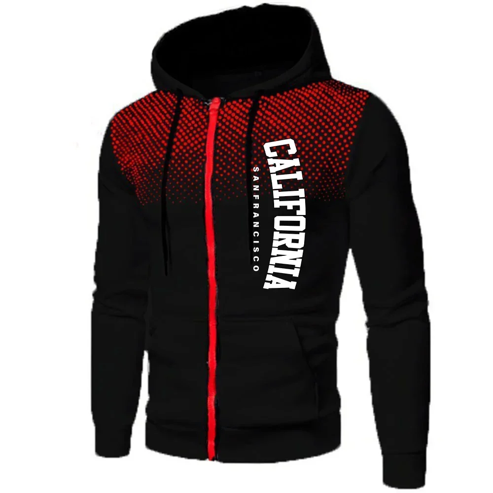 Jaqueta masculina de outono/inverno para motociclistas, com zíper, estampa California, moletom com zíper e capuz, casaco urbano casual esportivo com c