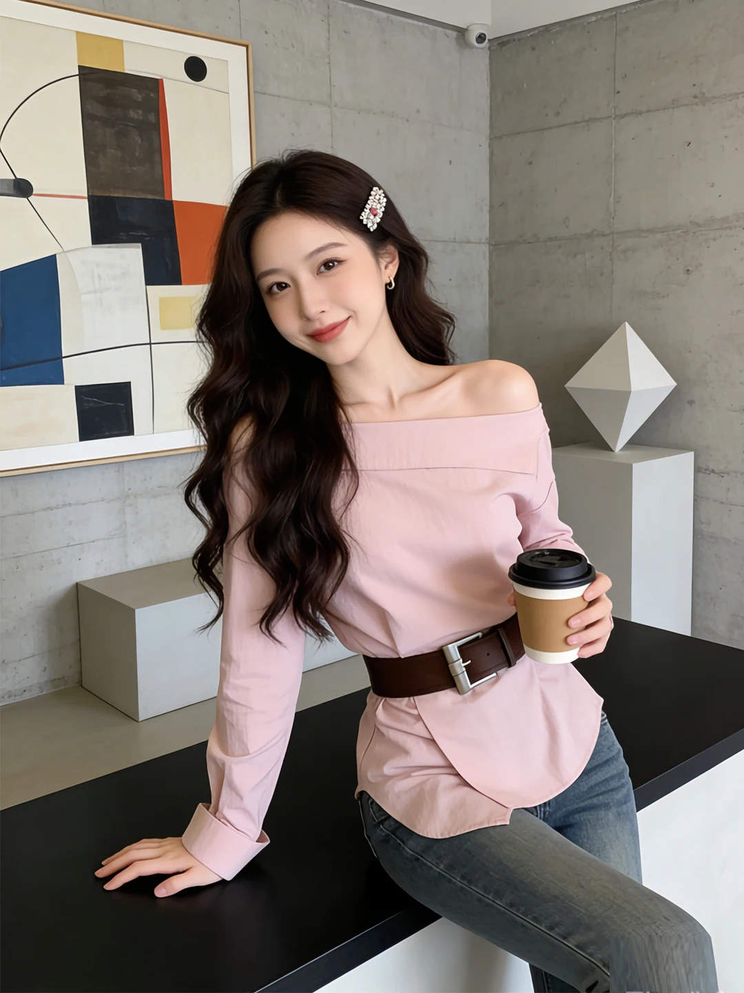 

Новая женская элегантная розовая блузка с открытыми плечами, приталенная, универсальная, из смесового хлопка и полиэстера, с длинным рукавом, весна