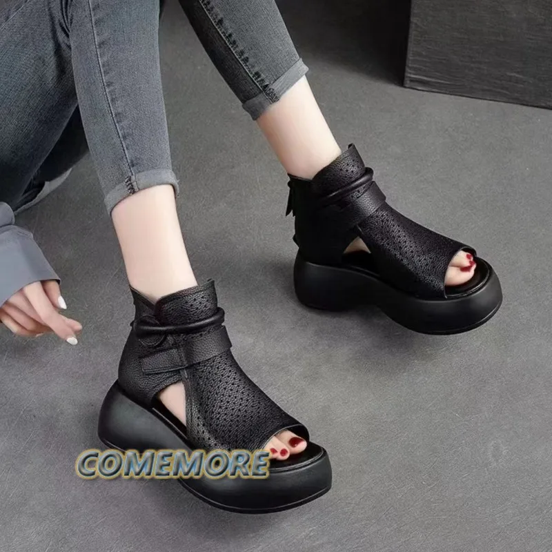 2024 New Retro Soft PU Leather Ladies Cool Boots Fashion Women Sandals Summer Fish Mouth Sandals Wedges Mid Heels Shoe Sandalias