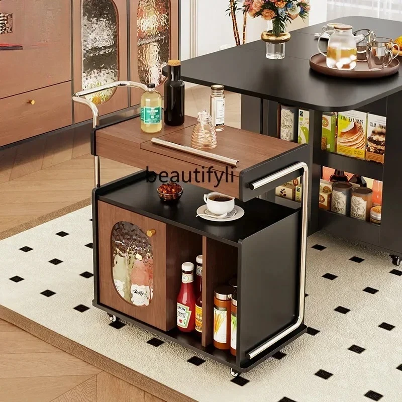 

Movable coffee table solid wood light luxury living room sofa multi-functional side cabinet rattan medieval side table