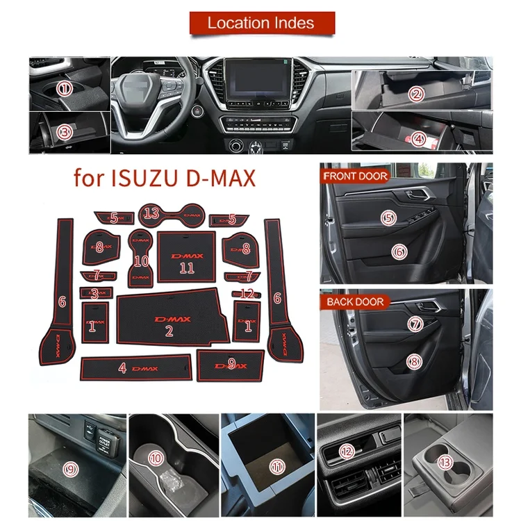 18pcs Silicone Car Door Slot Groove Mats Cup Pads Combo Set for Isuzu Dmax D-max 2021 2022 2023+ Inner Modification