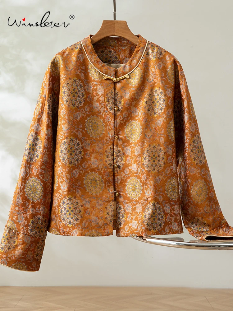 

Winsleter-100%Real Silk Song Brocade Elegant Coat, O Neck Geometry, Women New Chinese Style Loose Coat, 2025 Winter C5N802CC