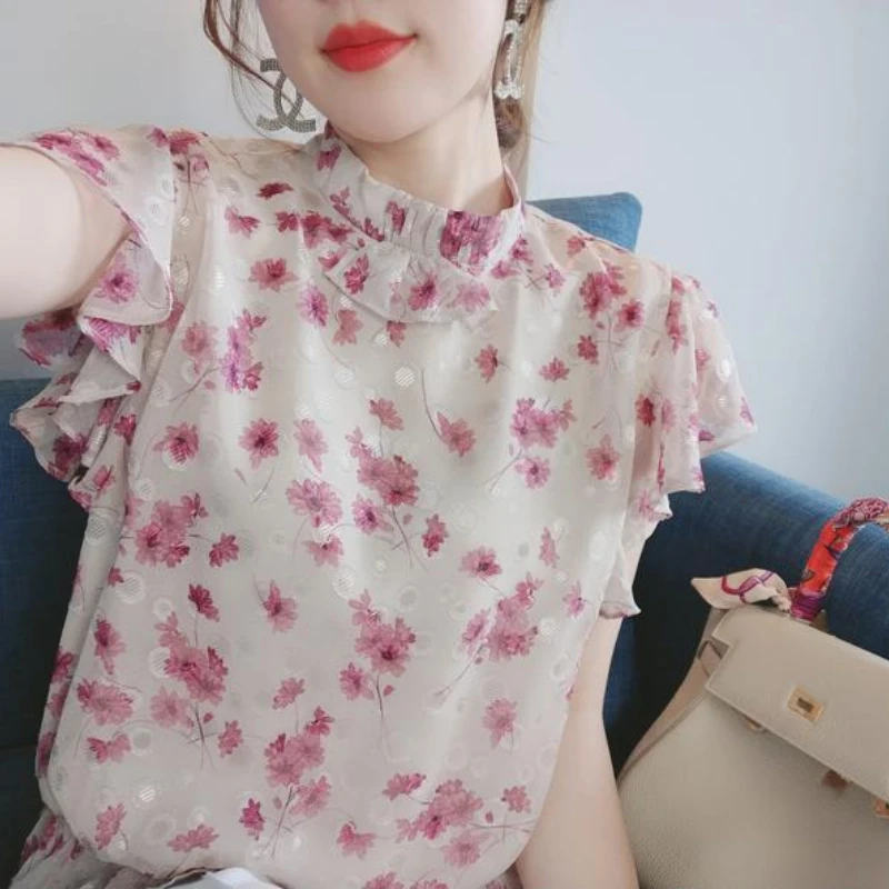 Blusas elegantes para mujer, camisa rosa de manga corta con cuello redondo, estampado Floral, retales, Tops informales elegantes 2023