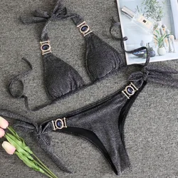 2024 brilhante strass bikini diamante maiô feminino correntes de metal banho feminino duas peças conjunto biquíni halter maiô nadar