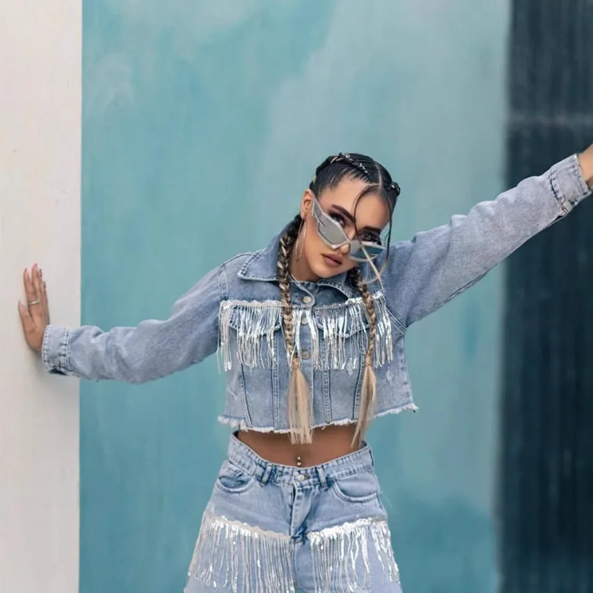 

women's denim slim chain decorative street trend denim jacket