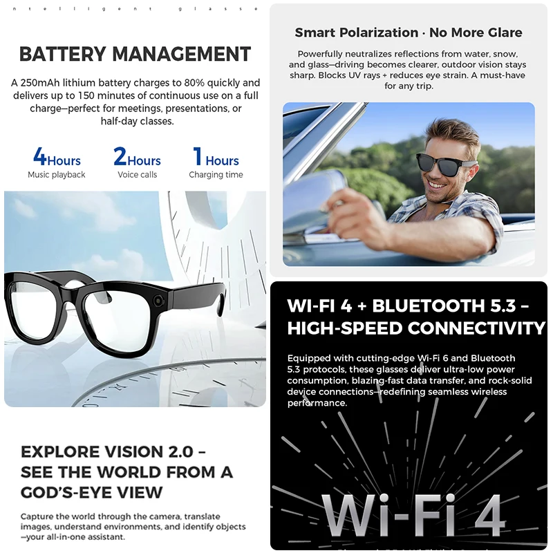 2025 novo 800w hd óculos inteligentes proteção uv assistente de voz controle de toque mãos-livres som surround música local óculos inteligentes