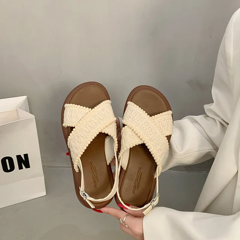 2025 Summer Low Sandals Woman Leather Suit Female Beige Cross Women’s Shoes Large Size Low-heeled Gladiator Black Comfort Girls