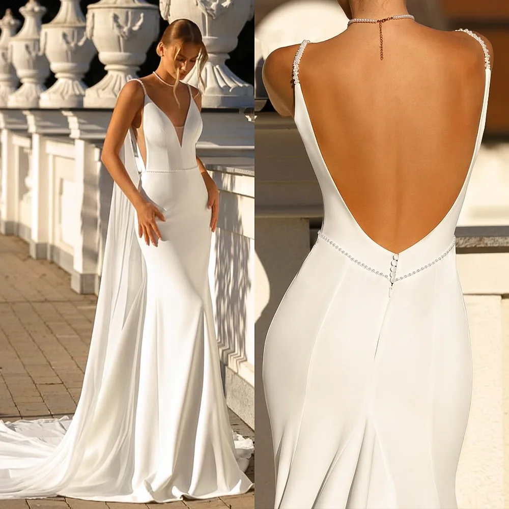 

ShiningLight Simple Wedding Dresses Sleeveless Backless Elegant Satin Mermaid Bridal Gowns Vestidos De Novia Customized
