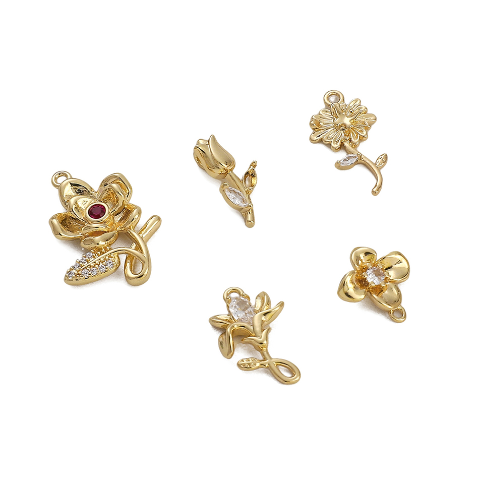  1pc 14K Gold Plated Copper Chrysanthemum Rose Lily Tulip Flowers Charm Zircon Pendant for DIY Earring Necklace Jewelry Making 