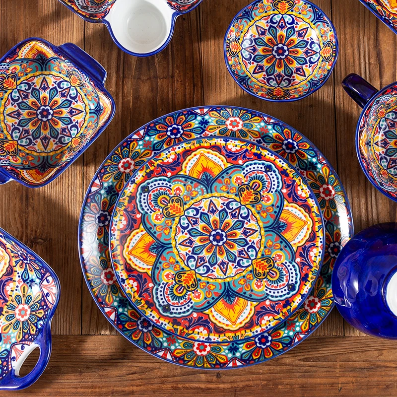 Bohemian Ceramic Bowl And Dish Set Rice Noodle Soup Bowls Double Ear Tableware Set for Home Dining
