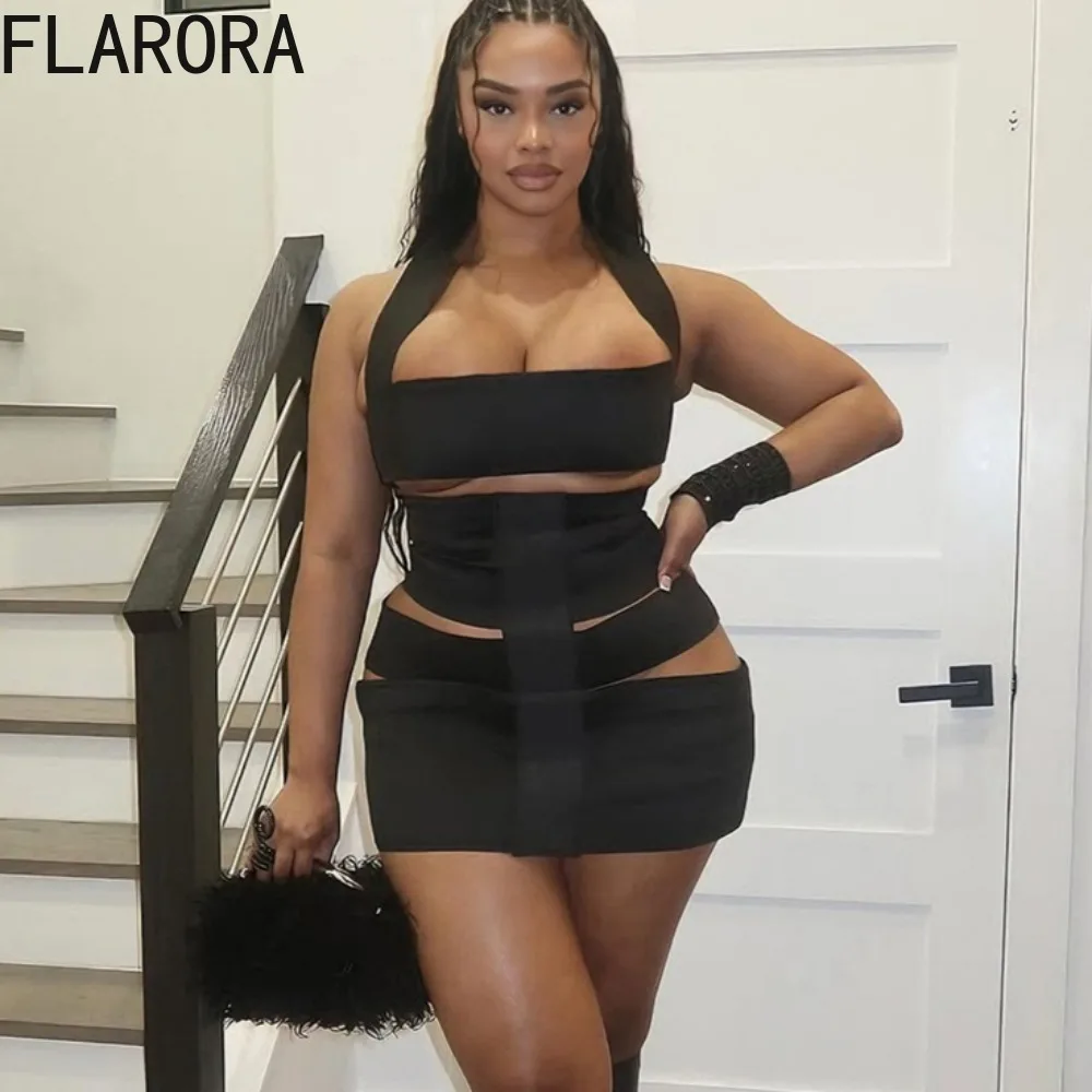 

FLARORA Sexy Y2k Hollow Out Mini Dress Woman Chic Halter Sleeveless Backless Bodycon Dresses Coquette Midnight Party Clubwear