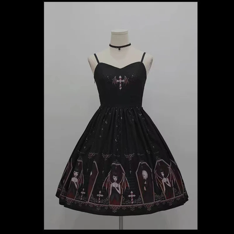 Dark Gothic Devil Print Dress Black Japanese Style Lolita Jsk Victorian Suspender Dress Loli Sexy Sweet Goth Bandage Dresses