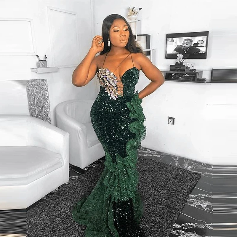 

Green African American Prom Dresses Mermaid Sweetheart Sequins Crystals Black Girls Nigeria Robe De Soiree Evening Dresses Gown