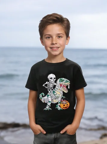 Young Boy Casual Graphic T-Shirt With Halloween Elements, Featuring An Interesting Pumpkin Mummy Dinosaur Skull Design, Suitable