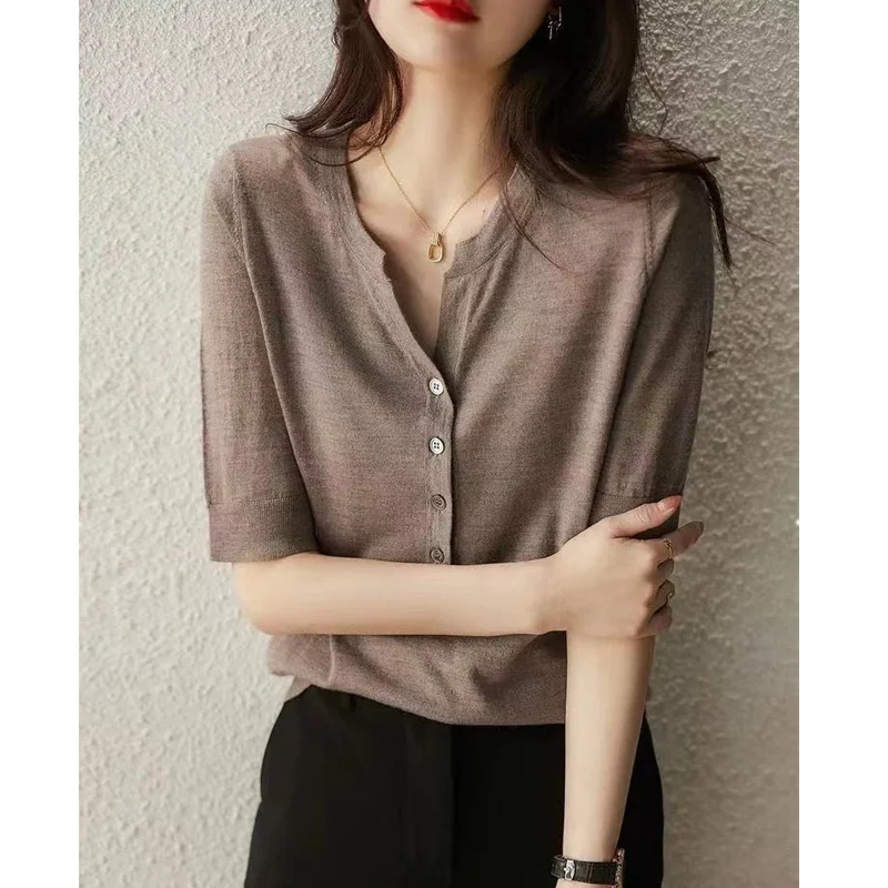 2022 thin knit short sleeve women\'s pullover V neck cotton thread half sleeve top fashion short cotton and linen bottom T-shirt