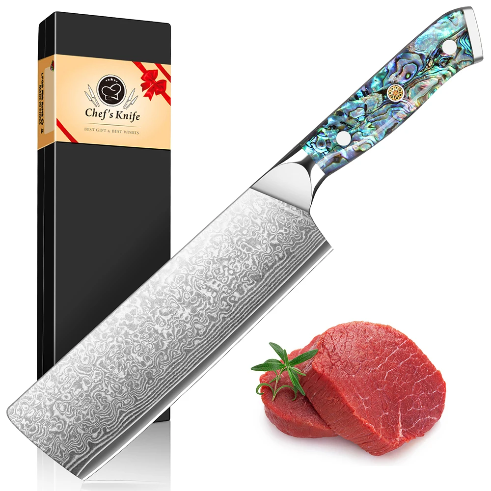 Nakiri, Kochmesser mit Damaszener Klinge, Küchenmesser, aus VG-10 Stahl, ideal zum Schneiden von Fleisch, Obst und Gemüse, für den Haushalt