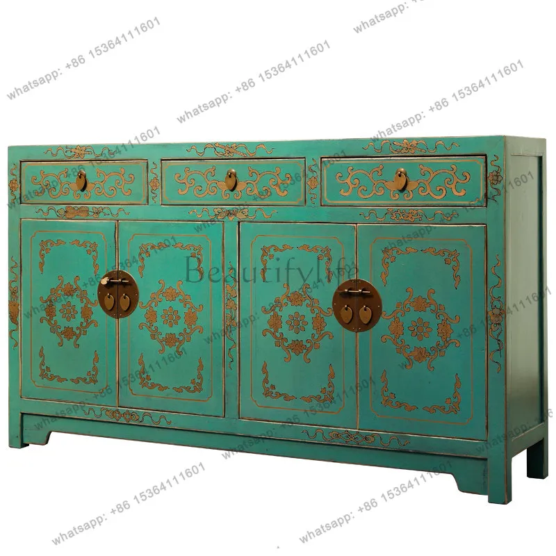 

New Chinese-style painted dining side cabinet Solid wood old pastoral style locker