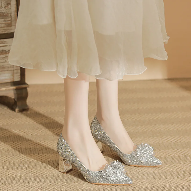 2024 New Pointed Silver Small Size 31-43 6 High Heels Women Chunky Heel Rhinestone Banquet Bride Shoes Bridesmaid Heels