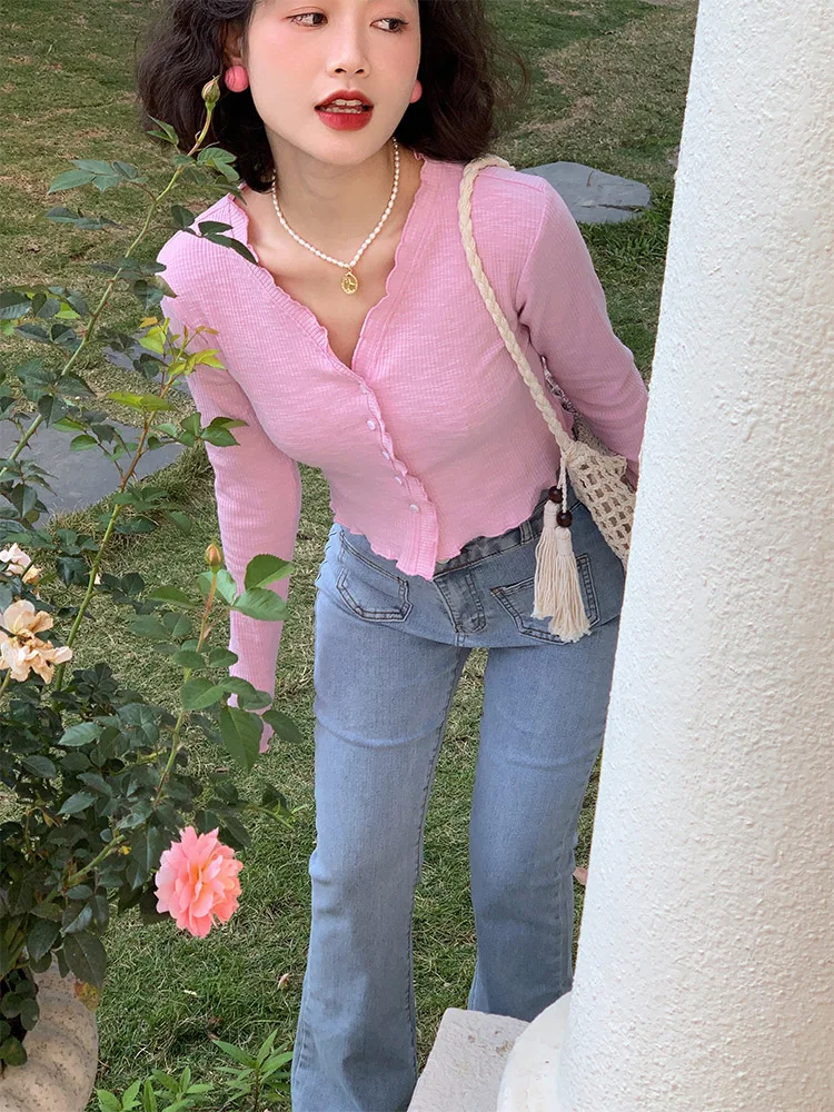 

Yuan Ying Pink Thin Soft Knitted Short Sleeveless Women's Sweater Long Sleeve Air Conditioning Shirt Cotton Polyester Blend
