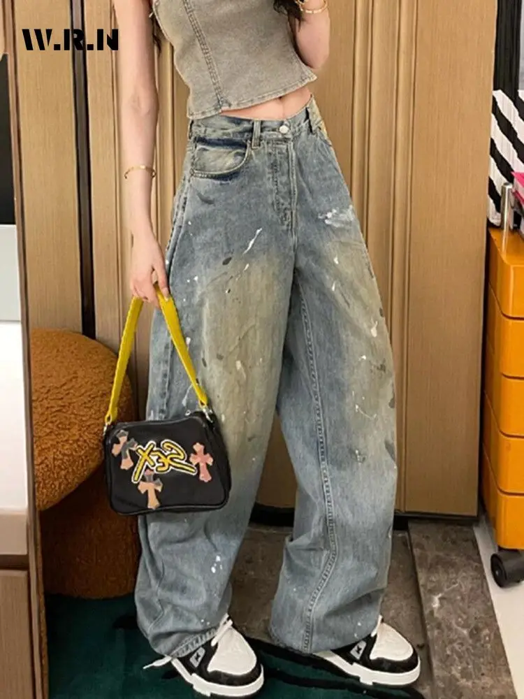 Women's Vintage High Waist Printting Jeans Korean Baggy Blue High Street Style Pants Fashion Wide Leg Y2K Female Denim Trouser