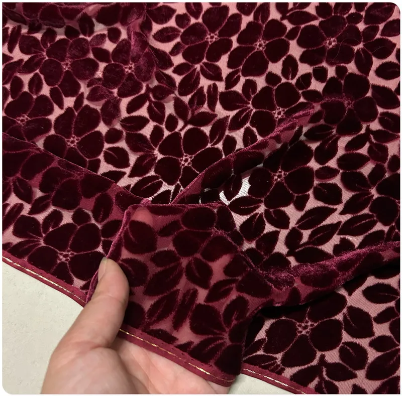 Hollow Wine Red Silk Velvet Mulberry Silk Bottom Cotton Flannel Dress Cheongsam Shirt Short Sleeve Shawl Clothing Fabric