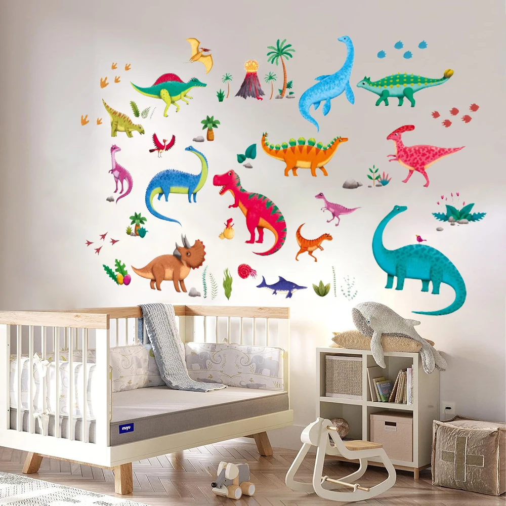 Watercolor Dinosaur Wall Stickers Baby Nursery Kids Room Jungle Animal Dino T-rex Wall Decals Playroom Bedroom Home Decor
