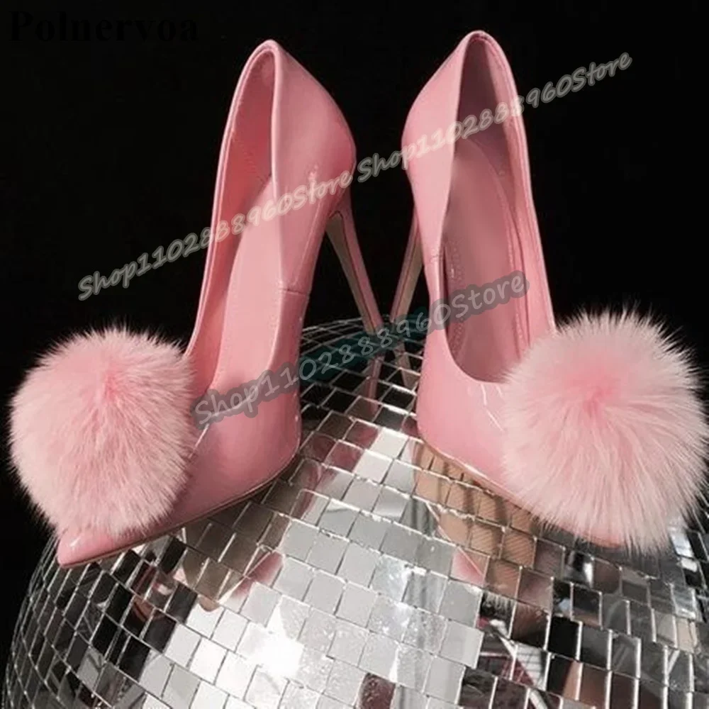 Pink Shallow Glossy Leather Fur Ball Pointy Pumps Thin High Heel Shoes For Women Slip On Pointed Toe Casual Lovely Women Pumps