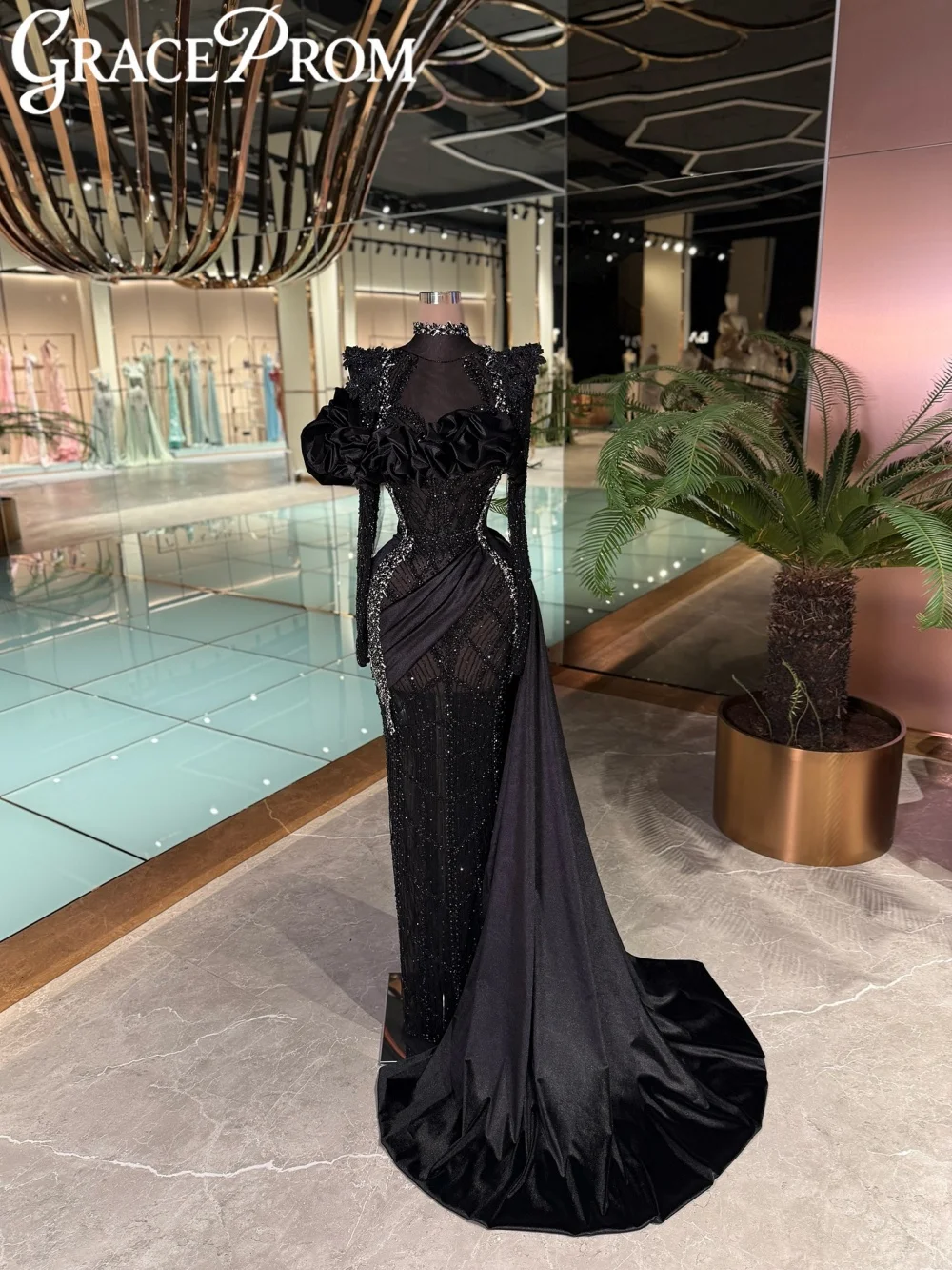 

2026 Новое черное кружевное вечернее платье с вышивкой и оборками, изысканное свадебное платье с длинными рукавами, банкетные платья по индивидуальному заказу