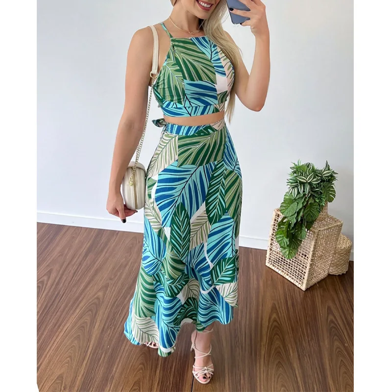 Women's Sleeveless Off Shoulder Tube Top And Long Skirt Set, Sexy Print, Short Tank Top, Summer Outfits, Beachwear Suit Y2k 2pc