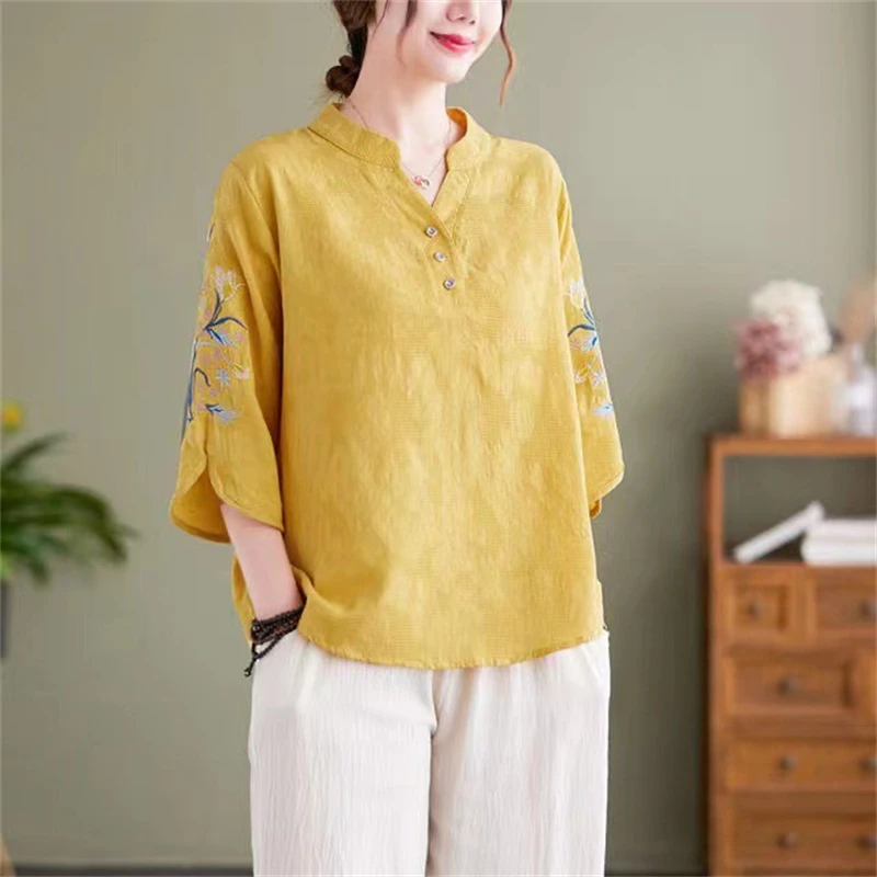 2024 Summer Women Vintage Ethnic Style Embroidered Blouses Casual Solid Loose Cotton Linen Shirts Ladies V Neck 3/4 Sleeve Tops