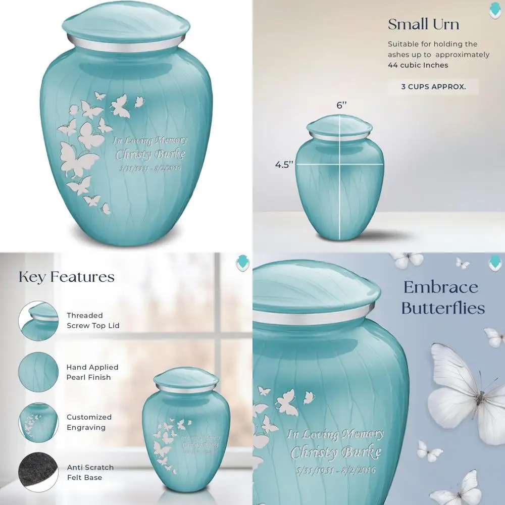 

Personalized Pearl Light Blue Butterfly Cremation Urn for Human Ashes - Small Size Funeral Urn Suitable for Men and Women