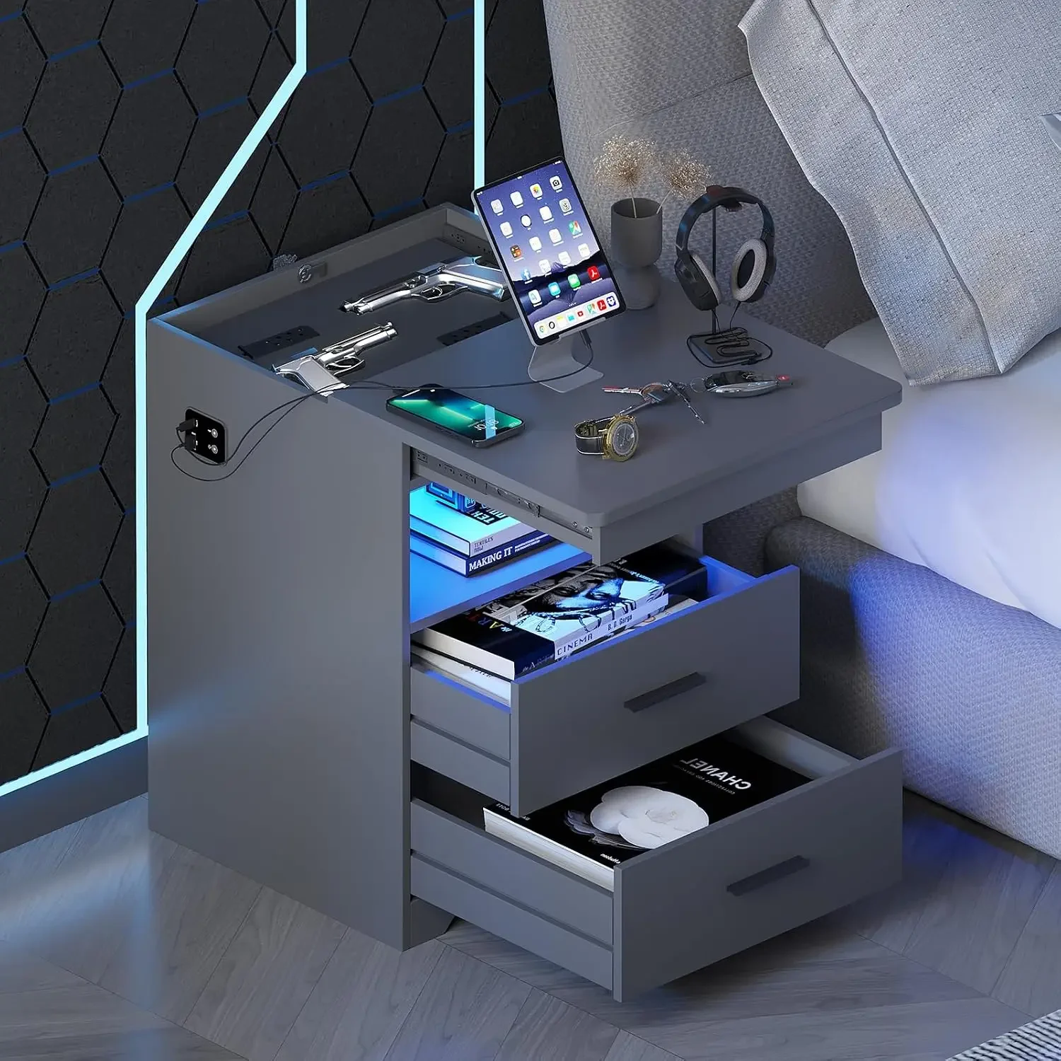 LED Night Stand with Gun Drawer, Modern Beside Table with Charging Station, Auto Sensor 3 Color Dimmable End Table with Hidden C