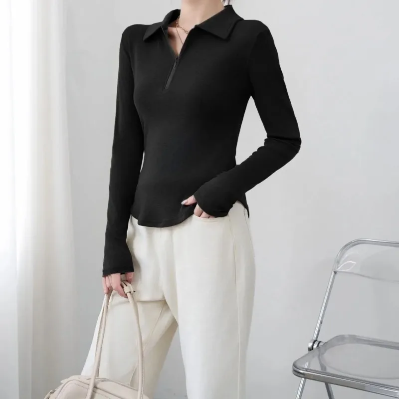 Polo Collar Half Zipper Bottoming Shirt Women's Slim Autumn and Winter Long-sleeved Top