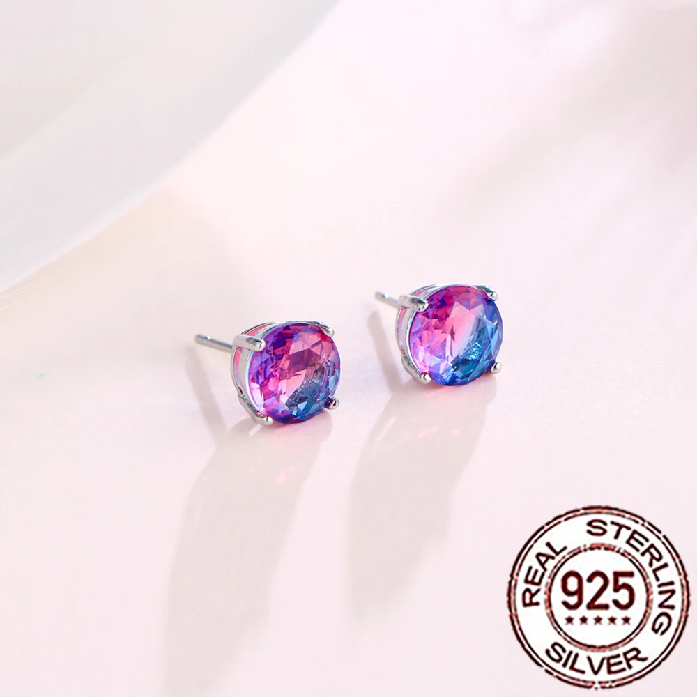 CWWZircons 925 Sterling Silver Delicate Rainbow Mystical CZ Crystal Round Stud Earrings for Women Daily Party Fine Jewelry SE050
