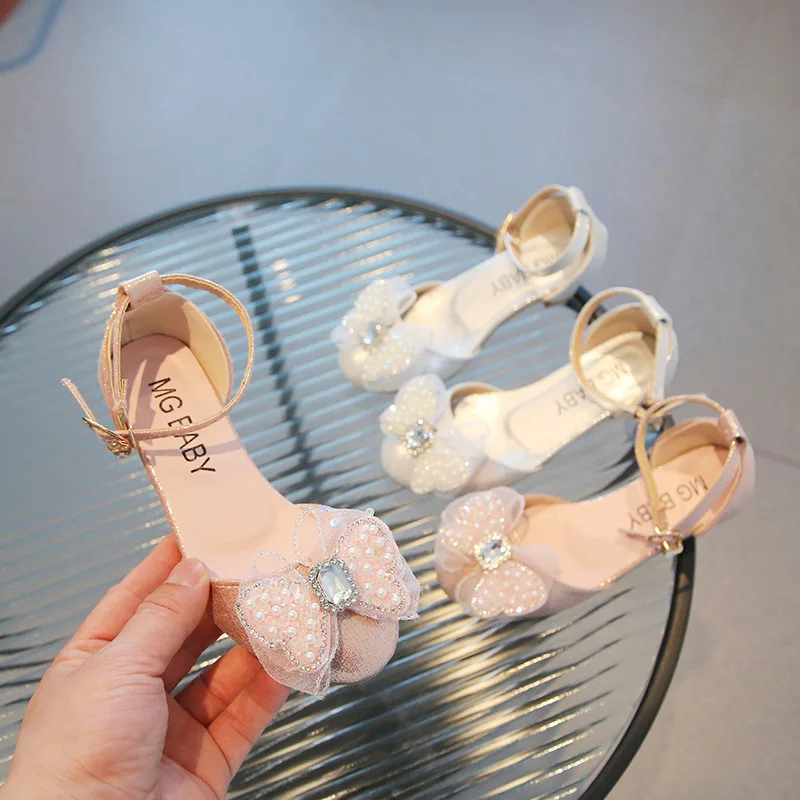 Child Shoes Girl Pearl Leather Shoe New Cute Princess Shoe Rhinestones Girl Sandals Bow Tie Mary Jane Shoe Kid High Heels Zapato