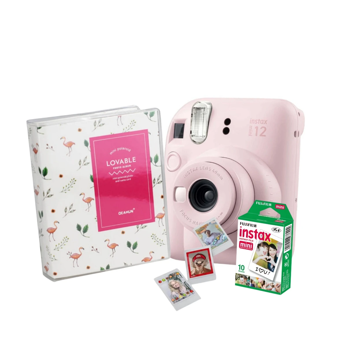 Instax Mini 12 Pink Camera with Flamingos Album for 64 Photos and Movie 10 Poses